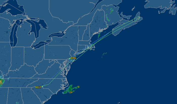 Flight path of US732 (Charlotte to London Heathrow) on the night of 21st July 2015